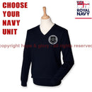 Royal Navy Units Lightweight V Neck Sweater (Choose Your Logo) Xxs - 32 Inch Chest / Blue Jumper